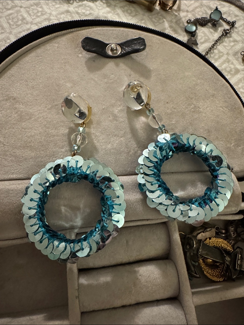 Vintage Sequin Hoop Drop Earrings - Aqua Teal